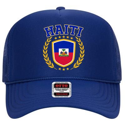 Haiti Flag Crest Shield Logo High Crown Mesh Back Trucker Hat