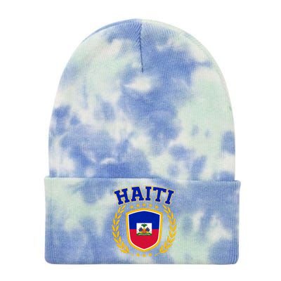 Haiti Flag Crest Shield Logo Tie Dye 12in Knit Beanie