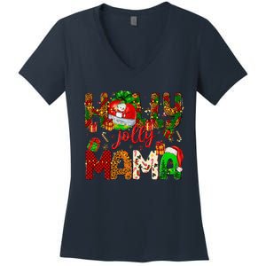 Holly A Jolly Mama Merry Christmas Matching Family Pajamas Women's V-Neck T-Shirt