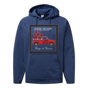 Hugs And Kisses Special Delivery Truck Happy Valentines Day Performance Fleece Hoodie