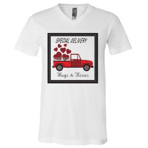 Hugs And Kisses Special Delivery Truck Happy Valentines Day V-Neck T-Shirt