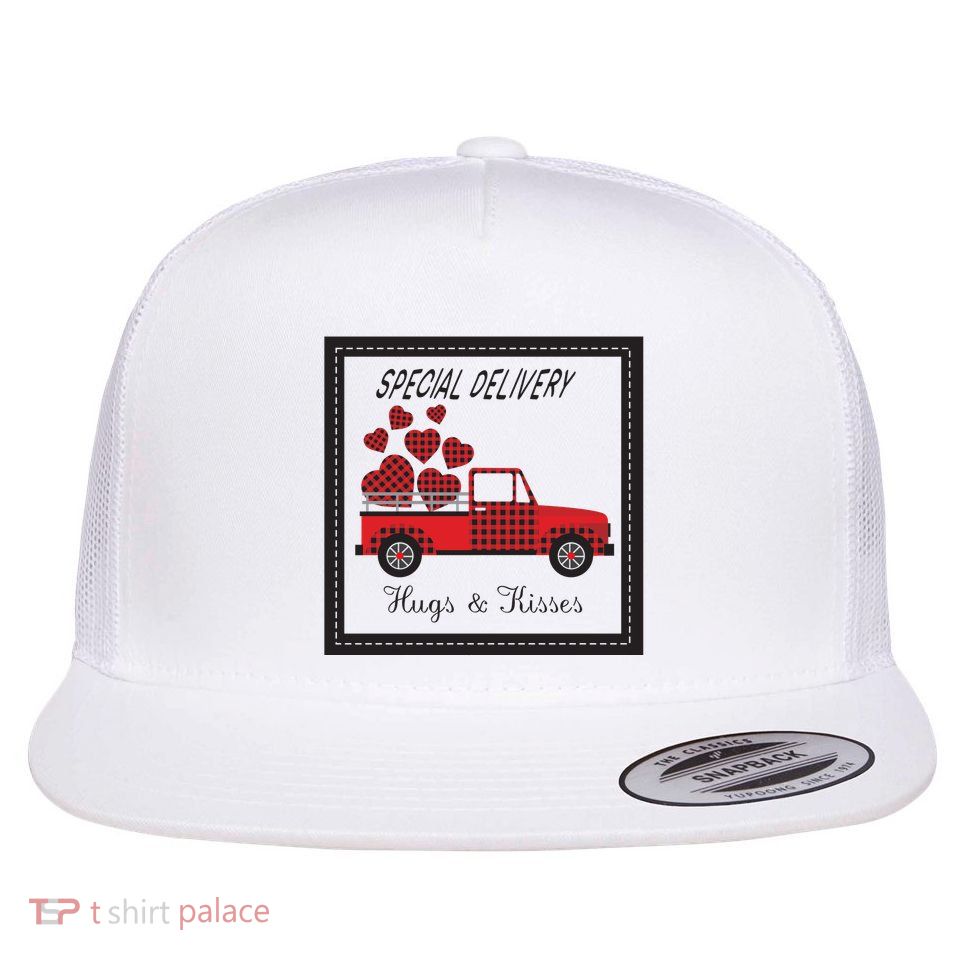 Hugs And Kisses Special Delivery Truck Happy Valentines Day Flat Bill Trucker Hat