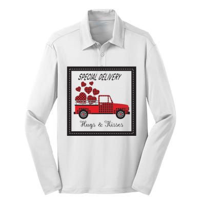 Hugs And Kisses Special Delivery Truck Happy Valentines Day Silk Touch Performance Long Sleeve Polo