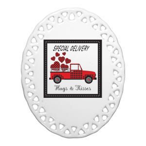 Hugs And Kisses Special Delivery Truck Happy Valentines Day Ceramic Oval Ornament