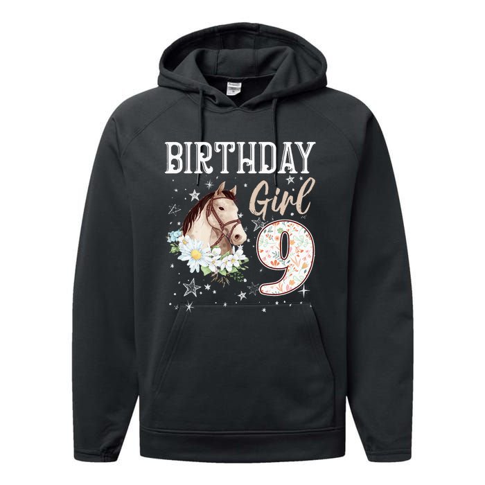 Horse Animal Lovers 9th Birthday Bday 9 Year Old Performance Fleece Hoodie