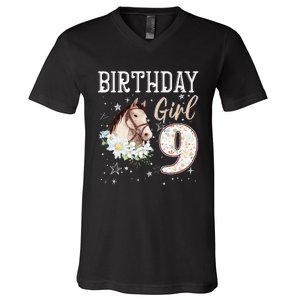 Horse Animal Lovers 9th Birthday Bday 9 Year Old V-Neck T-Shirt