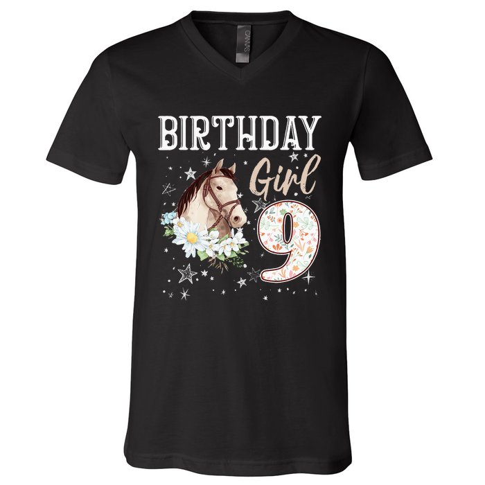 Horse Animal Lovers 9th Birthday Bday 9 Year Old V-Neck T-Shirt