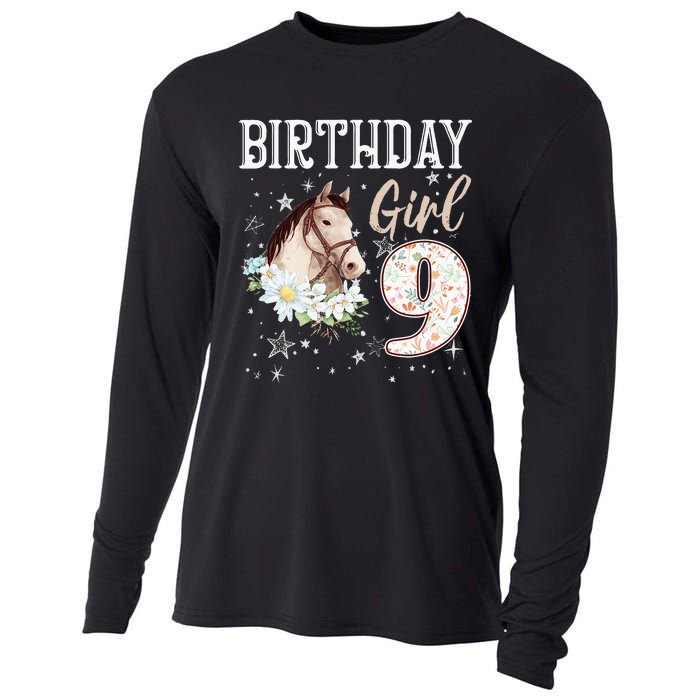 Horse Animal Lovers 9th Birthday Bday 9 Year Old Cooling Performance Long Sleeve Crew