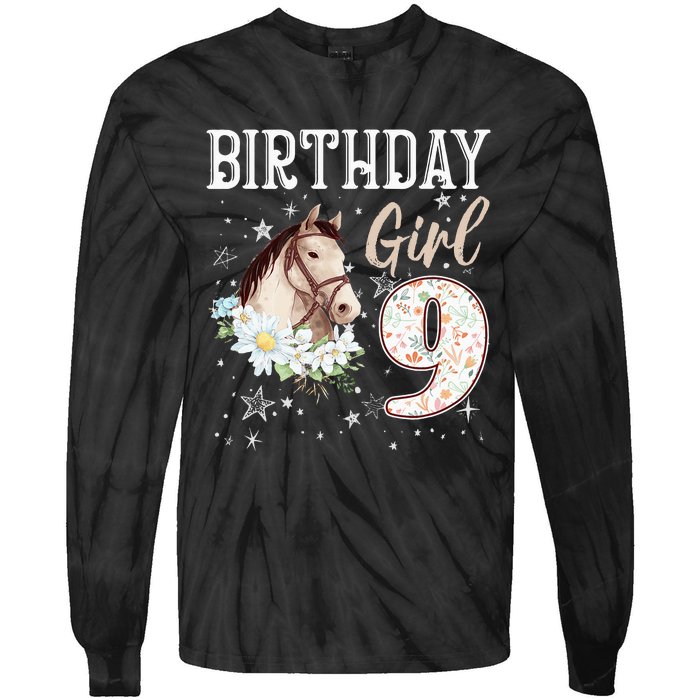 Horse Animal Lovers 9th Birthday Bday 9 Year Old Tie-Dye Long Sleeve Shirt