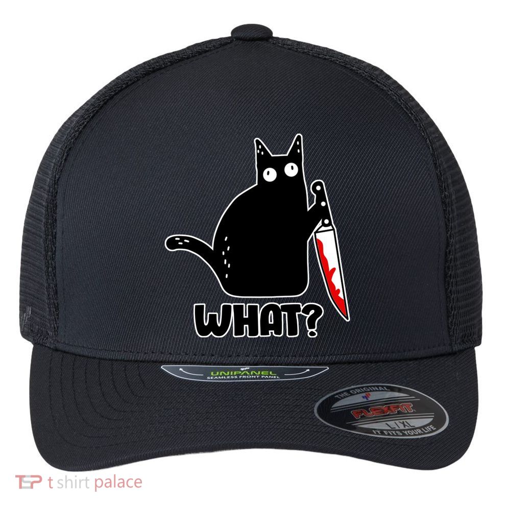 Halloween Cat what? Bloody Knife Flexfit Unipanel Trucker Cap