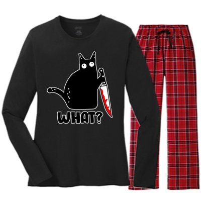 Halloween Cat what? Bloody Knife Women's Long Sleeve Flannel Pajama Set 