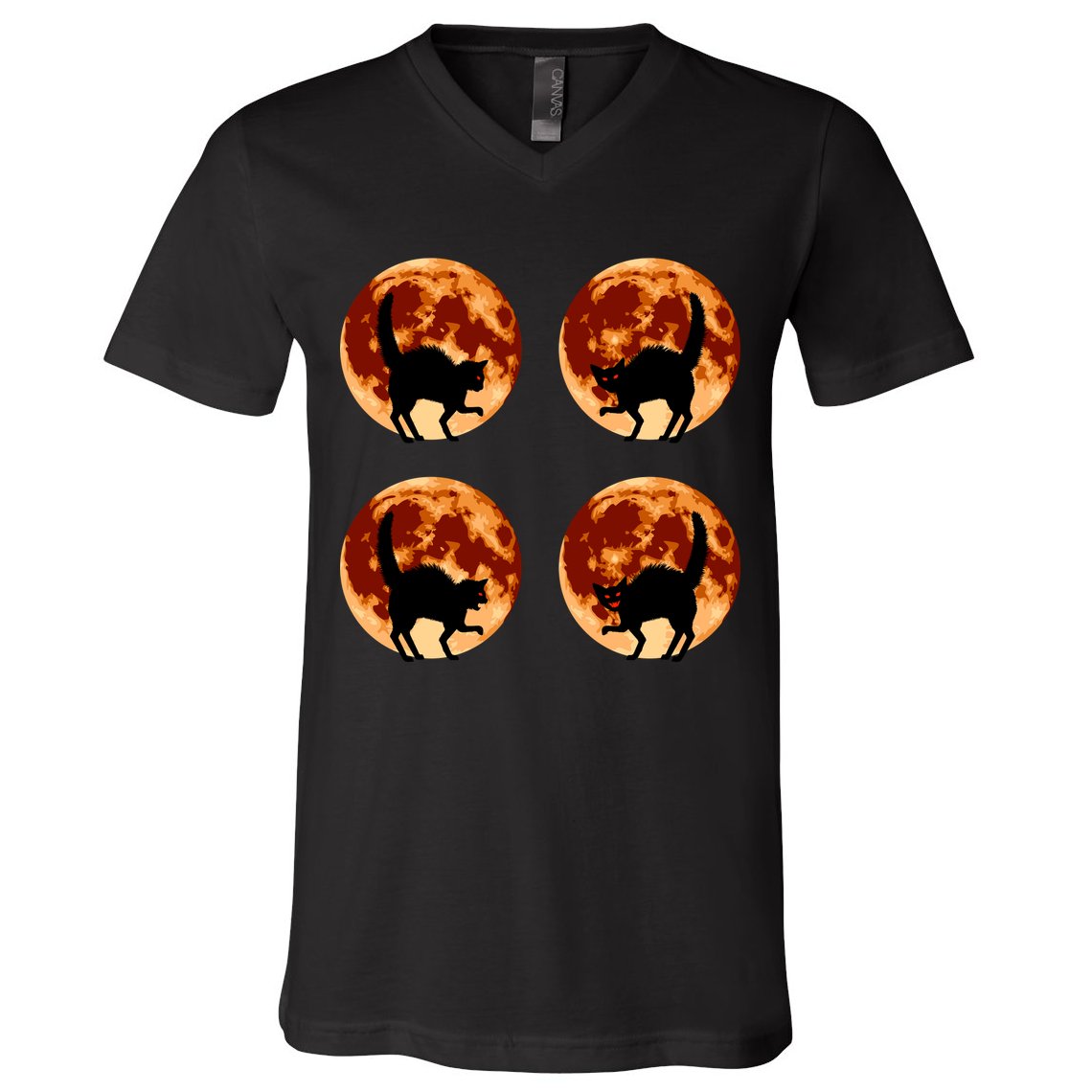 Halloween Cat with Full Moon Phases V-Neck T-Shirt