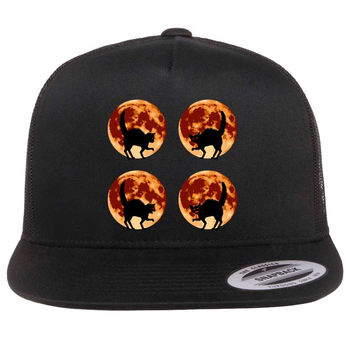 Halloween Cat with Full Moon Phases Flat Bill Trucker Hat