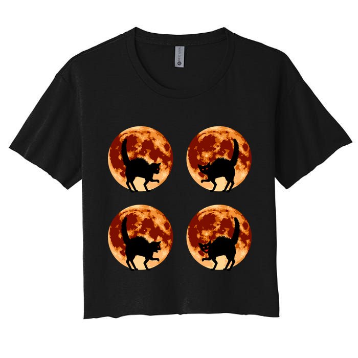 Halloween Cat with Full Moon Phases Women's Crop Top Tee
