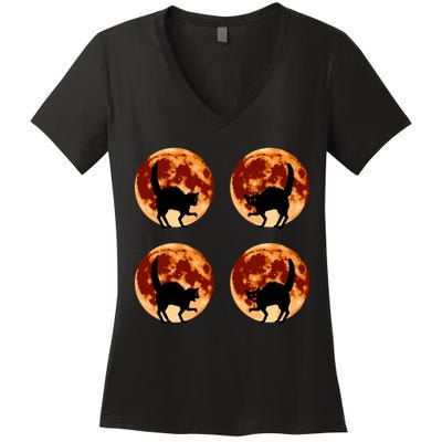 Halloween Cat with Full Moon Phases Women's V-Neck T-Shirt