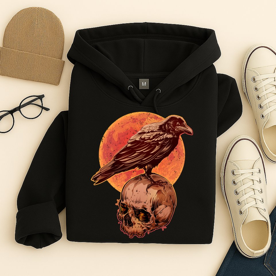 Halloween Cool Raven Crow Skull And Moon Hoodie