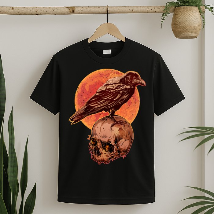 Halloween Cool Raven Crow Skull And Moon T-Shirt