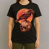 Halloween Cool Raven Crow Skull And Moon T-Shirt