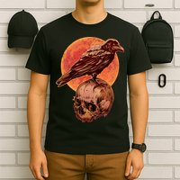 Halloween Cool Raven Crow Skull And Moon T-Shirt