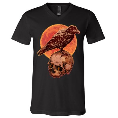 Halloween Cool Raven Crow Skull And Moon V-Neck T-Shirt