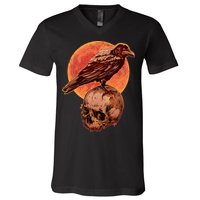 Halloween Cool Raven Crow Skull And Moon V-Neck T-Shirt