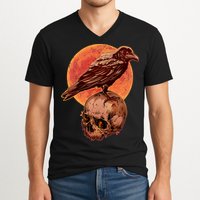 Halloween Cool Raven Crow Skull And Moon V-Neck T-Shirt