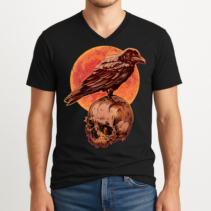 Halloween Cool Raven Crow Skull And Moon V-Neck T-Shirt
