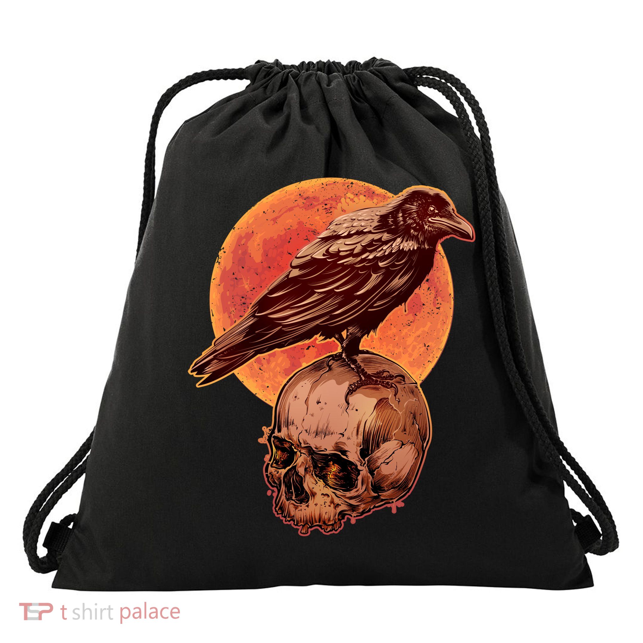 Halloween Cool Raven Crow Skull And Moon Drawstring Bag