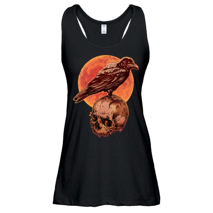 Halloween Cool Raven Crow Skull And Moon Ladies Essential Flowy Tank