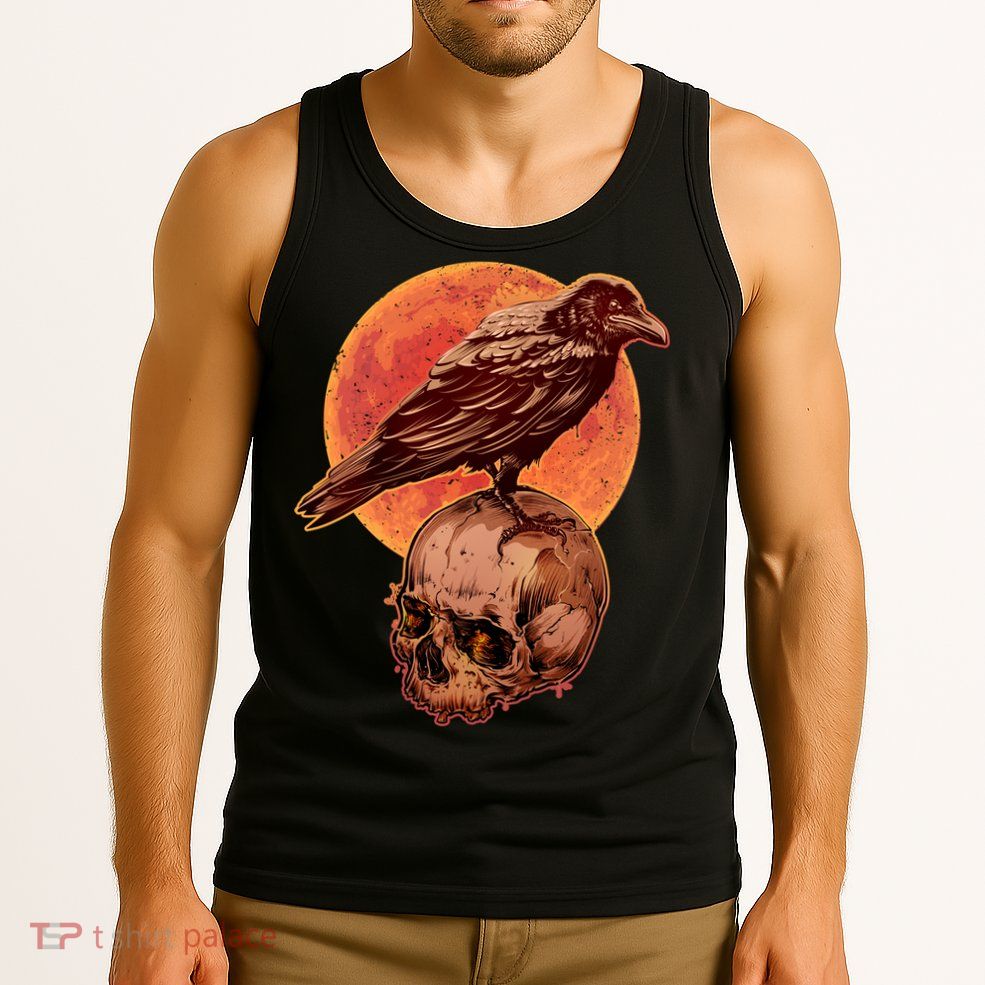 Halloween Cool Raven Crow Skull And Moon Tank Top