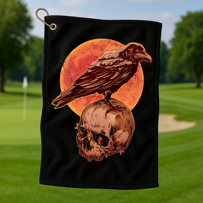 Halloween Cool Raven Crow Skull And Moon Golf Towel