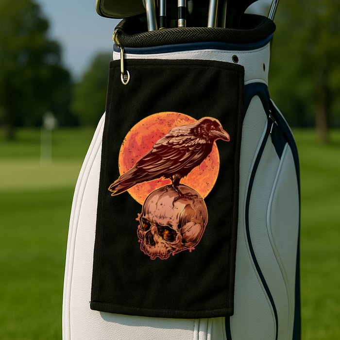 Halloween Cool Raven Crow Skull And Moon Golf Towel