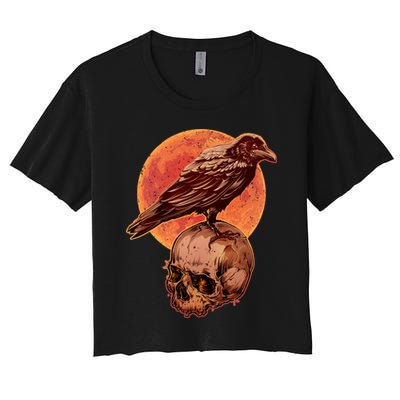 Halloween Cool Raven Crow Skull And Moon Crop Top