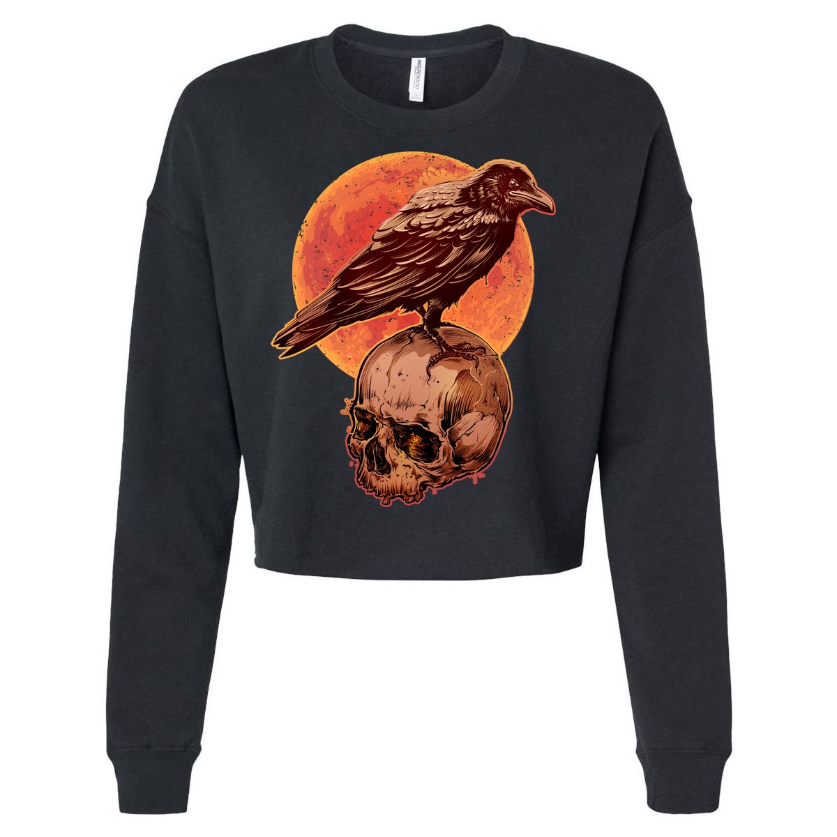 Halloween Cool Raven Crow Skull And Moon Cropped Pullover Crew