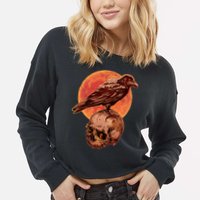 Halloween Cool Raven Crow Skull And Moon Cropped Pullover Crew
