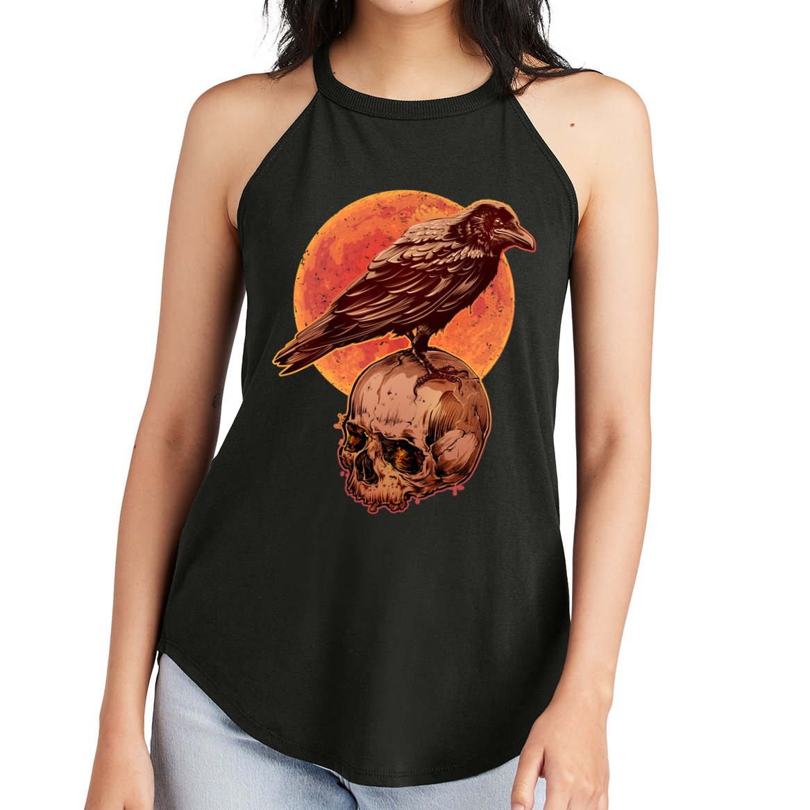 Halloween Cool Raven Crow Skull And Moon Women's Perfect Tri Rocker Tank