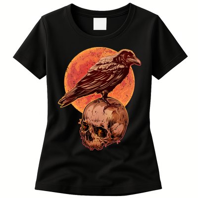 Halloween Cool Raven Crow Skull And Moon Womens T-Shirt