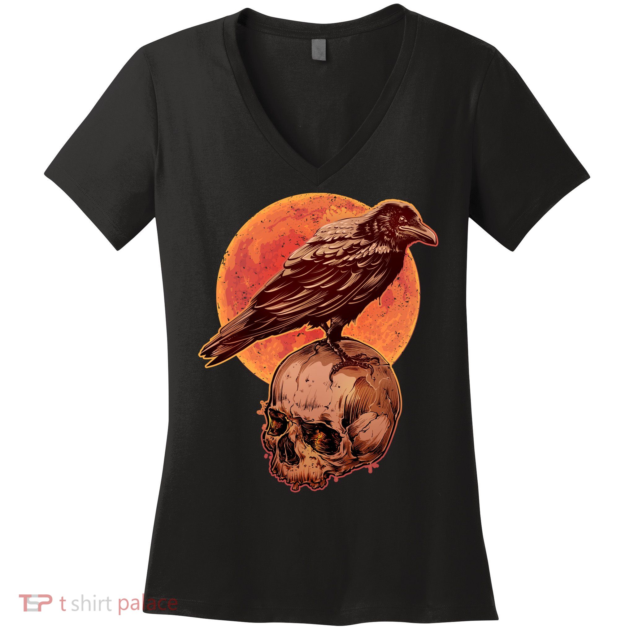 Halloween Cool Raven Crow Skull And Moon Women's V-Neck T-Shirt