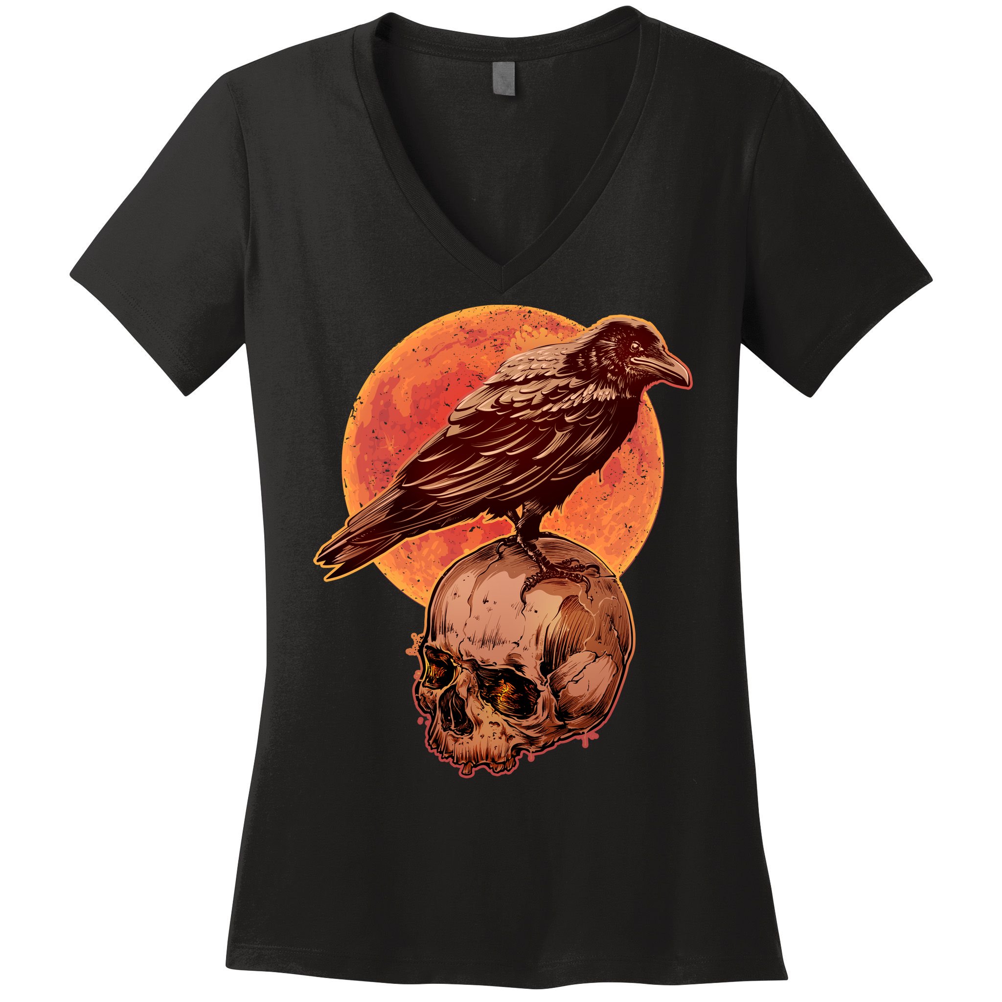 Halloween Cool Raven Crow Skull And Moon Women's V-Neck T-Shirt