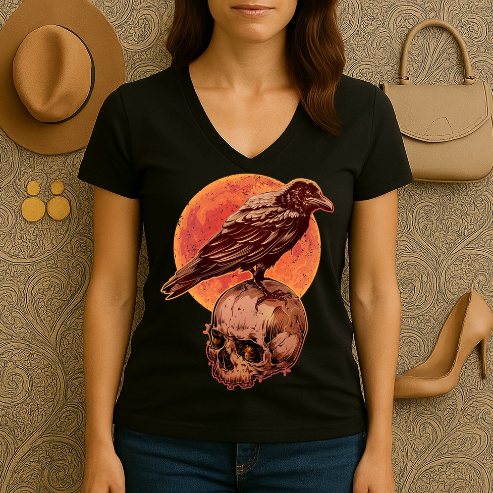 Halloween Cool Raven Crow Skull And Moon Women's V-Neck T-Shirt