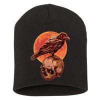Halloween Cool Raven Crow Skull And Moon Short Acrylic Beanie
