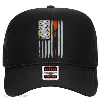 Halloween Flag Witches Broomstick American Flag USA High Crown Mesh Back Trucker Hat