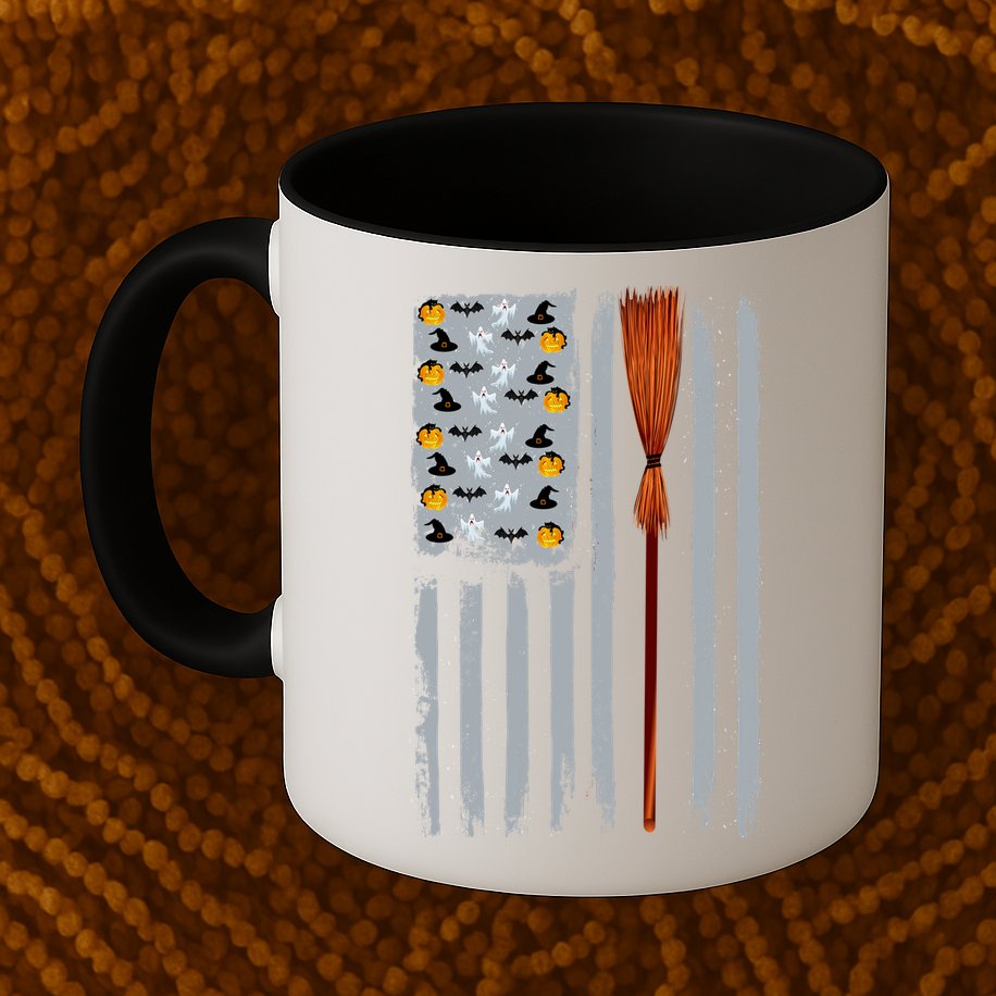 Halloween Flag Witches Broomstick American Flag USA Mug