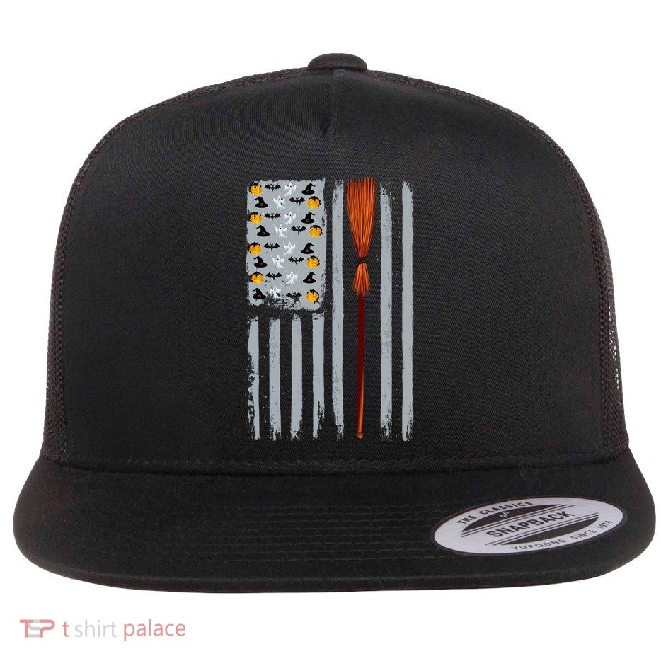 Halloween Flag Witches Broomstick American Flag USA Flat Bill Trucker Hat