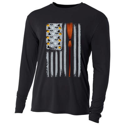 Halloween Flag Witches Broomstick American Flag USA Cooling Performance Long Sleeve Crew