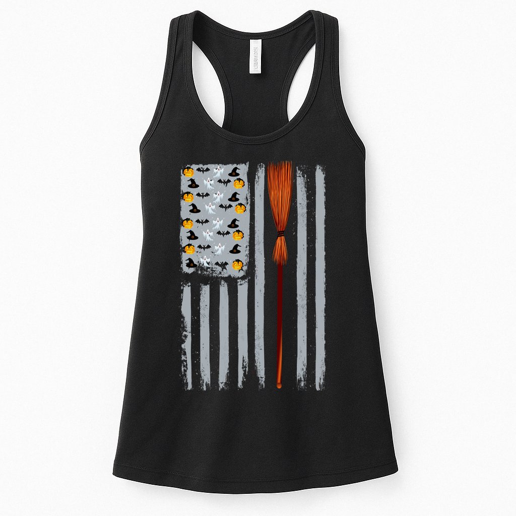 Halloween Flag Witches Broomstick American Flag USA Womens Tank Top