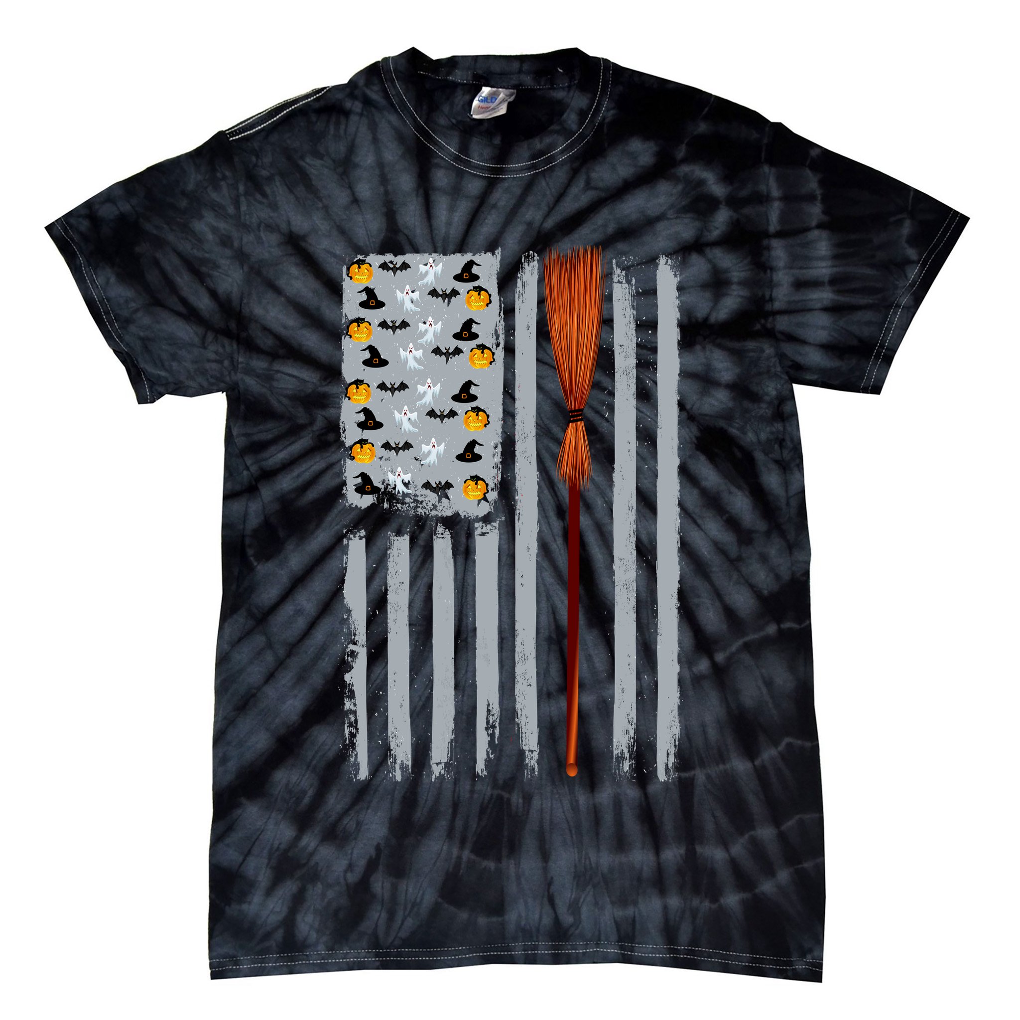 Halloween Flag Witches Broomstick American Flag USA Tie-Dye T-Shirt