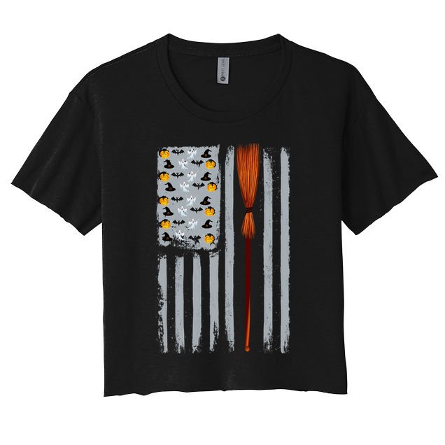Halloween Flag Witches Broomstick American Flag USA Crop Top