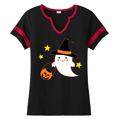 Halloween Ghost Kawaii Trick or Treating Pumpkin Ladies Halftime Notch Neck Tee