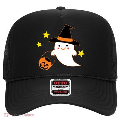 Halloween Ghost Kawaii Trick or Treating Pumpkin High Crown Mesh Back Trucker Hat